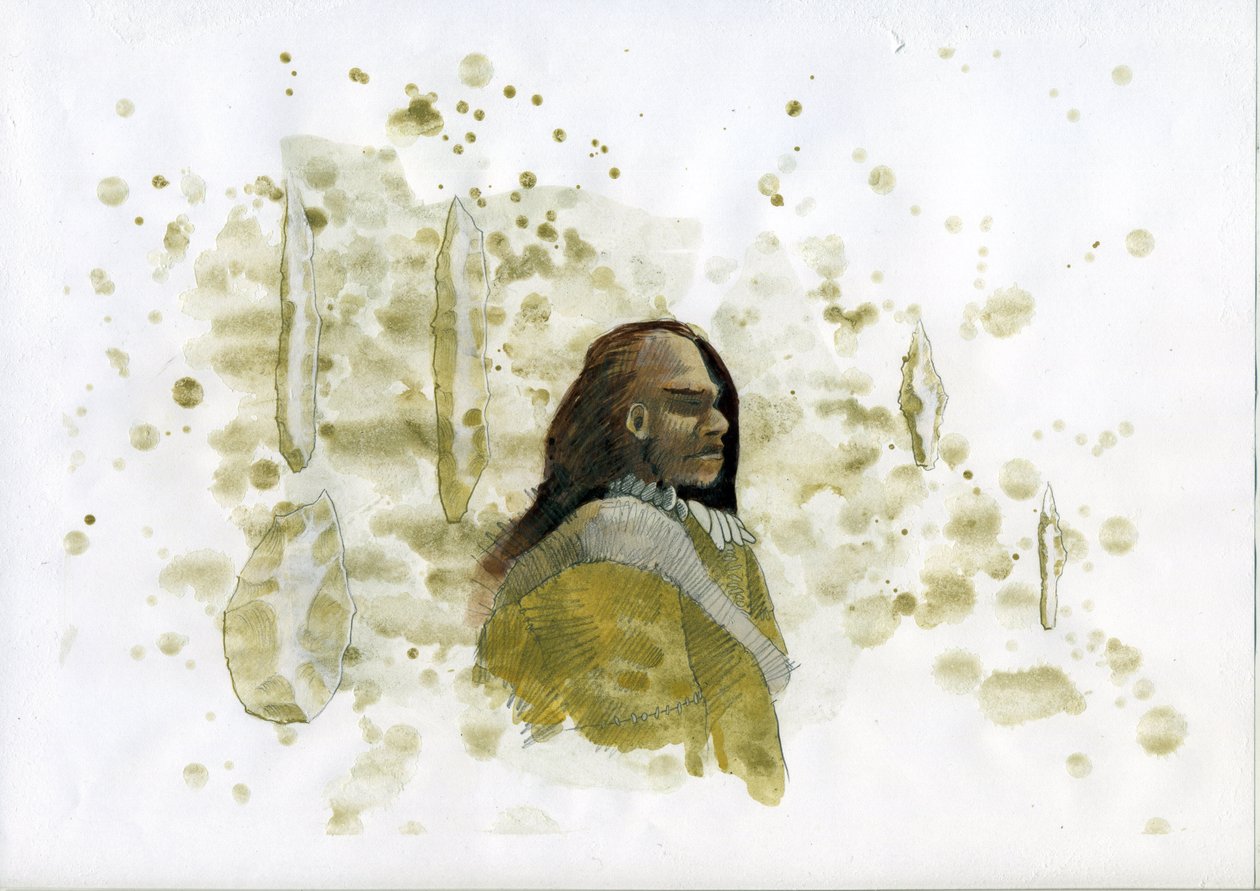先史時代: フリント道具を持ったネアンデルタール人イラスト: Alessandro Lonati 作： アレッサンドロ・ロナティ