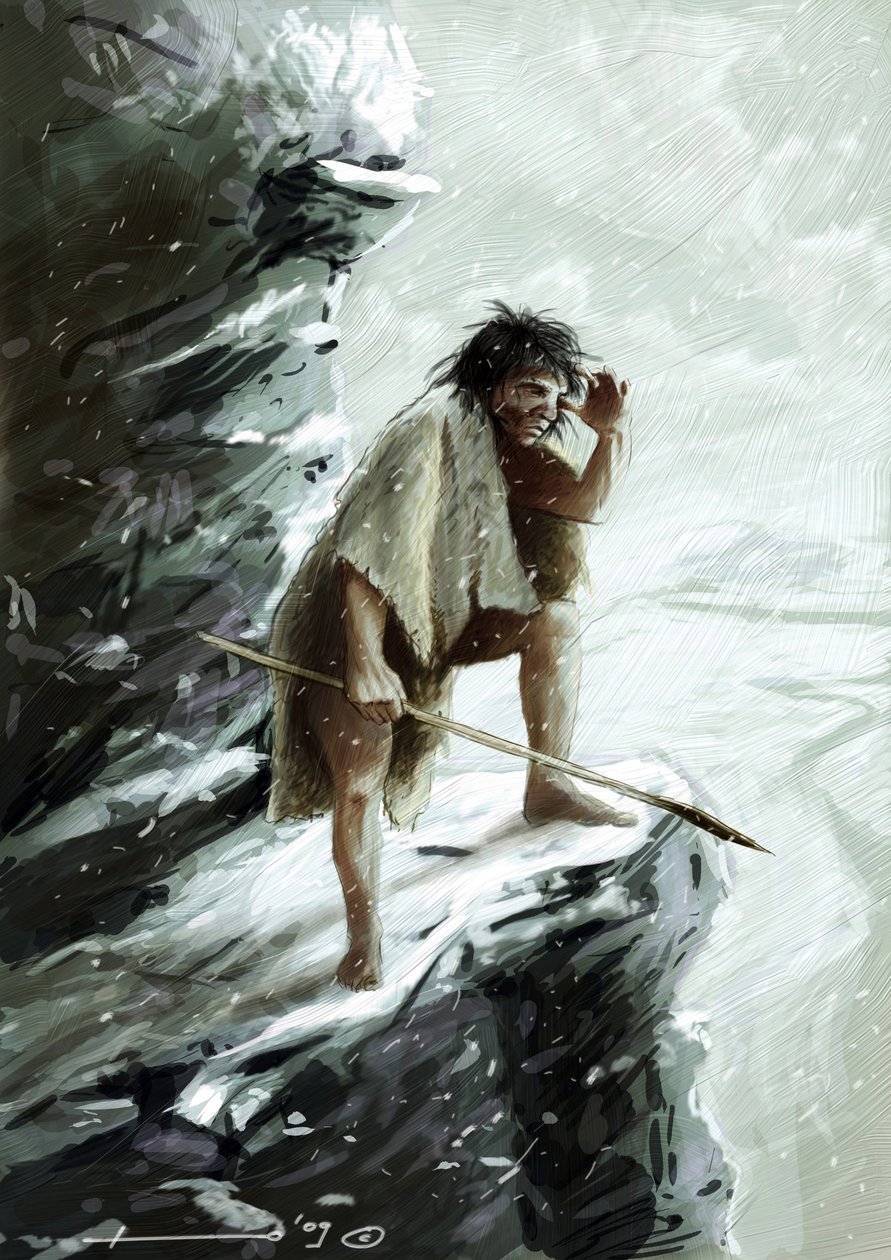 先史時代: ネアンデルタール人 (ネアンデルタール人またはネアンデルタール人: ホモ サピエンス)、雪の下で、岩の上に腰掛けて地平線を見ています。 アレッサンドロ・ロナティの絵 作： アレッサンドロ・ロナティ