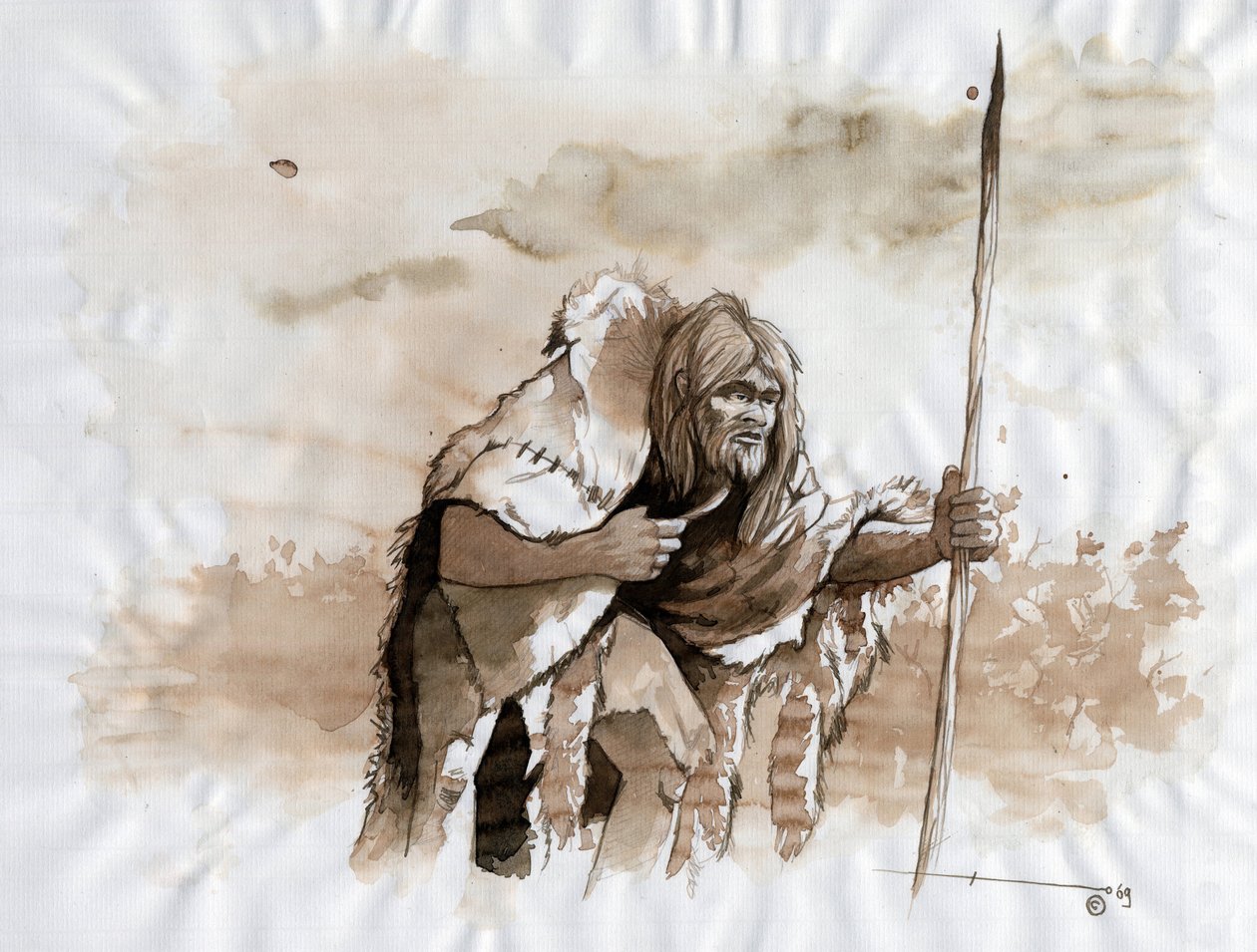 先史時代: 中期旧石器時代のネアンデルタール人またはネアンデルタール人。 アレッサンドロ・ロナティの絵 作： アレッサンドロ・ロナティ