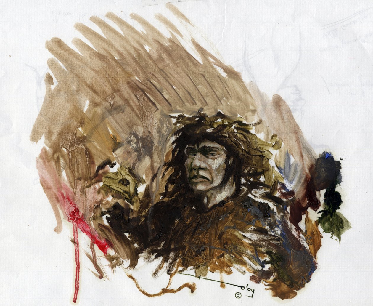 先史時代: 中期旧石器時代のネアンデルタール人またはネアンデルタール人。 アレッサンドロ・ロナティの絵 作： アレッサンドロ・ロナティ