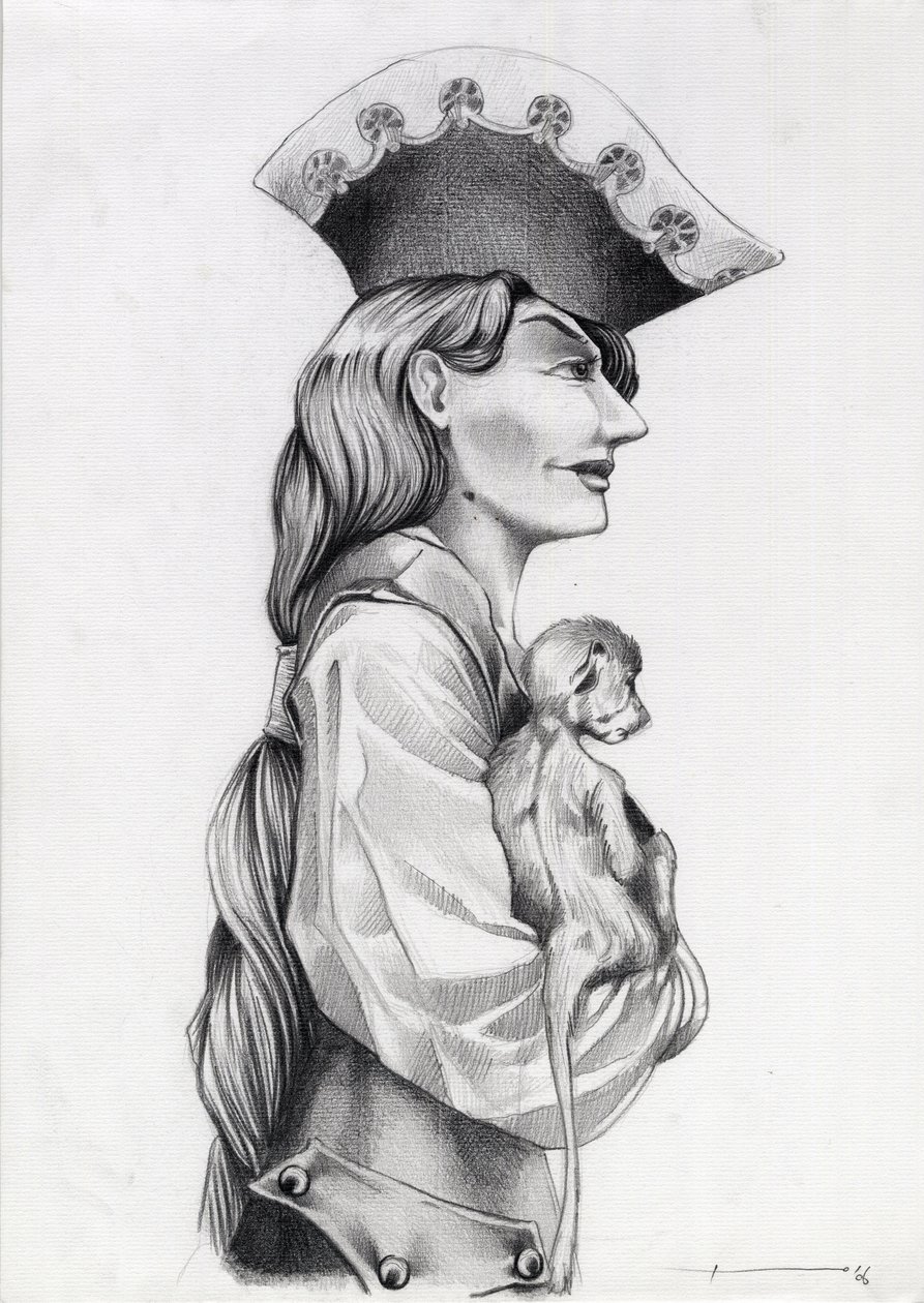 Retrato de perfil de uma mulher pirata do Caribe (corsário), com um macaquinho nos braços. Desenho de Alessandro Lonati. 作： アレッサンドロ・ロナティ