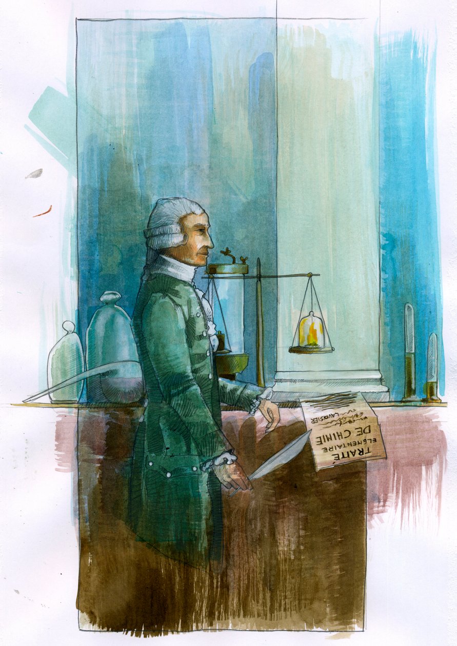 Antoine Lavoisier (1743-1794) フランスの化学者、哲学者、経済学者の代表 (フランスの貴族で化学者の Antoine Lavoisier の肖像画) イラスト: Alessandro Lonati 作： アレッサンドロ・ロナティ