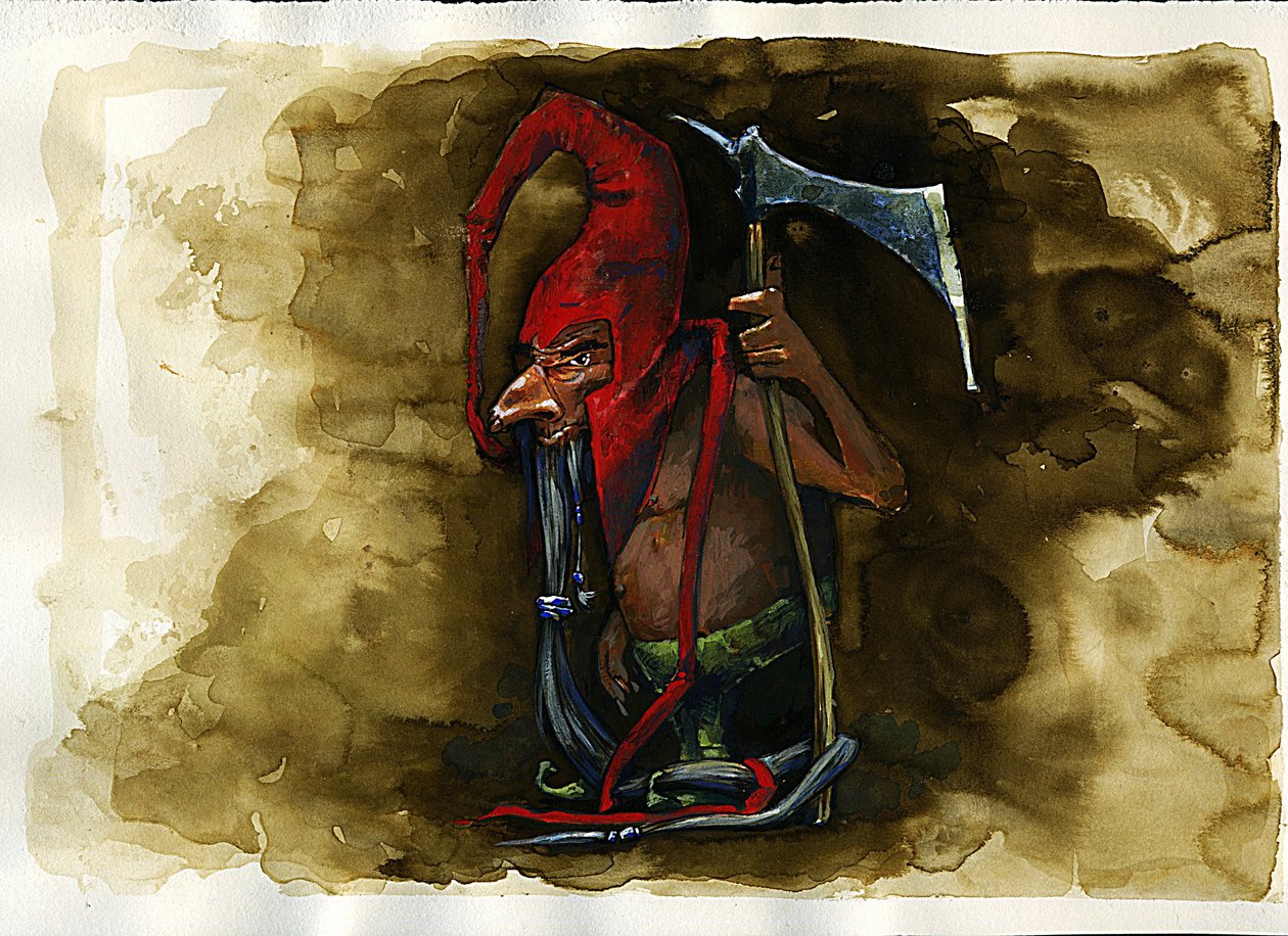 Representation of a Red Cap (Red cap, powrie or dunter, Red-Bonnet) legendary malevolent creature of the Goblin family from British folklore - (redcap, malevolent murderous dwarf, goblin, elf or fairy found in Border Folklore) Illustration by Alessandro Lo 作： アレッサンドロ・ロナティ
