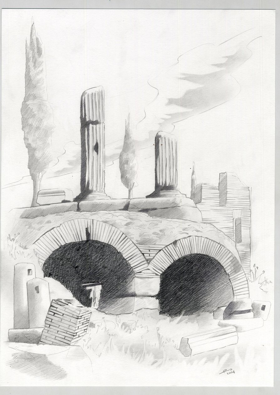 Ruínas da época romana em Roma, Fórum (foro romano) Desenho de Alessandro Lonati. 作： アレッサンドロ・ロナティ