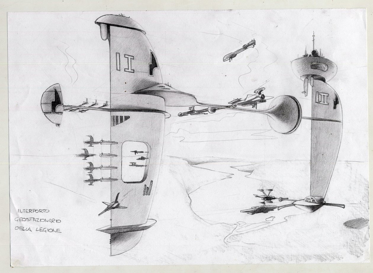 サイエンス フィクションのイラスト: 船で宇宙の宇宙基地。 アレッサンドロ・ロナティの絵 作： アレッサンドロ・ロナティ