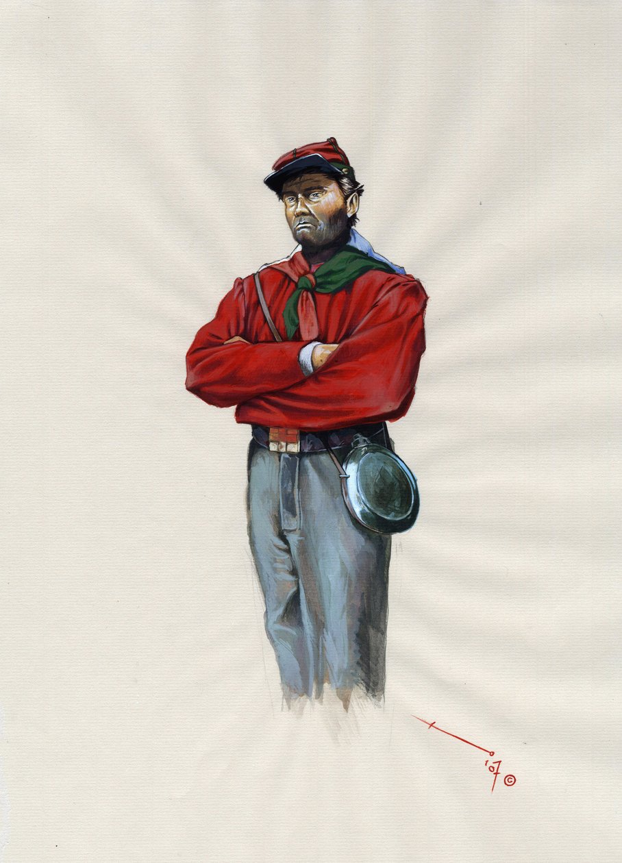 第二帝国 (1852-1870): イタリア統一 (リソルジメント)、イタリアのジュゼッペ・ガリバルディ (1807-1882) のために「赤シャツ」戦闘機として知られるガリバルディア軍の志願将校 作： アレッサンドロ・ロナティ