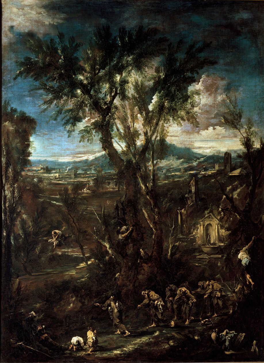 僧侶のいる幻想的な風景 アレッサンドロ・マニャスコ・ディット・イル・リッサンドリーノ（1667-1749）の絵画 1720年 薄さ237x175cm ミラノ・ブレラ美術館所蔵 作： アレッサンドロ・マグナスコ