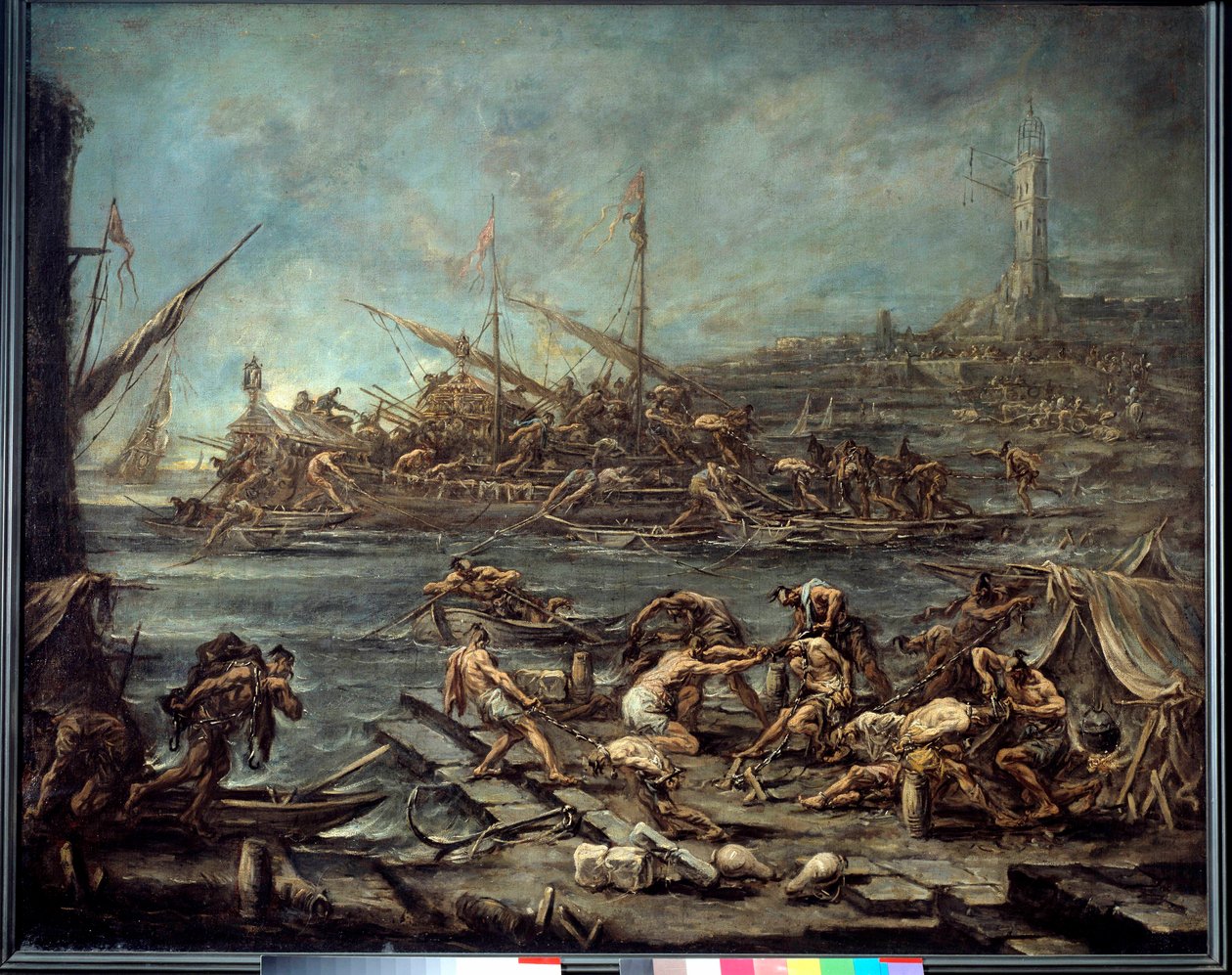 ゲネス港でのガレリア人の乗船 アレッサンドロ・マニャスコ（1667-1749）の絵画。ディム。1.16 x 1.42.ボルドー、美術博物館 作： アレッサンドロ・マグナスコ