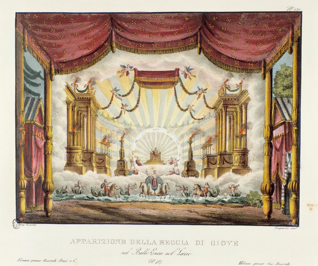 ジュピター王国の登場 ジュゼッペ・サルティのオペラ劇「ラツィオのエネア」（1799年）を表現するためのシナリオ。アレッサンドロ・サンキリコ（1777-1849）の1830年の風景画の発明の記録」のリトグラフ。ミラノのプライベートコレクション 作： アレッサンドロ・サンキリコ