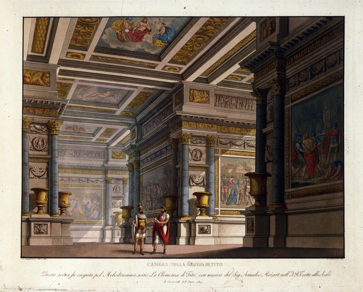 ヴォルフガング・アマデウス・モーツァルト（1756-1791）の「ティトーのクレマンス」のためのアレッサンドロ・サンキリコ（1777-1849）によるシナリオは、1819年にミラノ・スカラ座に登壇し、ティトーの王宮の部屋を表現しています。 作： アレッサンドロ・サンキリコ