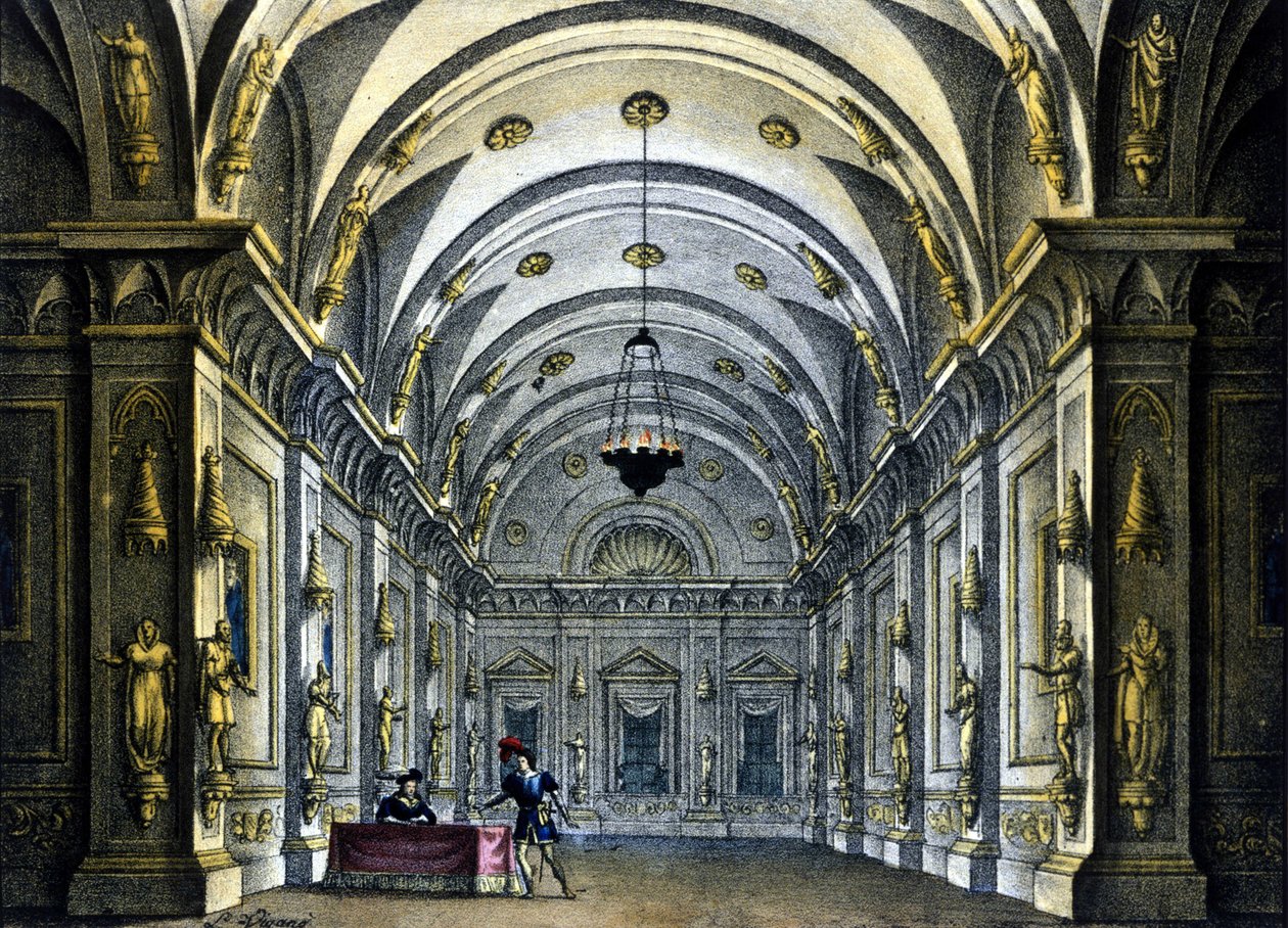 ミラノのカルカーノ劇場で上演されたガエターノ・ドニゼッティ（1797-1848）のオペラ「アンナ・ボレーナ」のためのサンクリコの舞台装置。 作： アレッサンドロ・サンキリコ