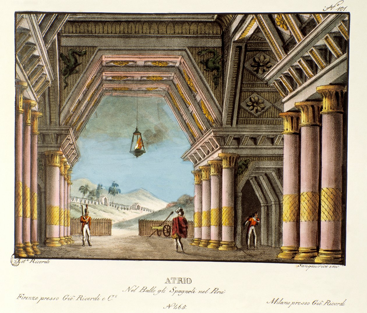 宮殿の大広間の風景 イタリアの振付師ジョヴァンニ・ガルツェラーニ（1780-1865）のバレエ「Gli spagnoli nel Peru」のシナリオ（1828年）。アレッサンドロ・サンキリコ（1777-1849）の1830年の風景画の発明の記録」のリトグラフ。ミラネーゼpr 作： アレッサンドロ・サンキリコ