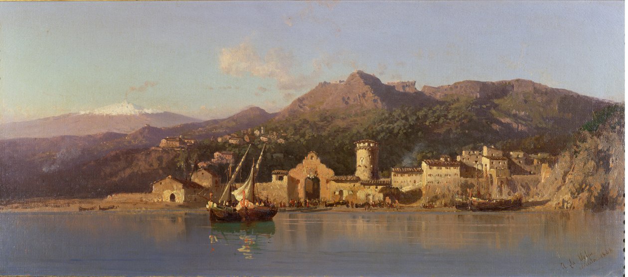 1868年にエトナ山を背景にしたシチリアのタオルミーナの眺め 作： アレッサンドロ・ラ・ヴォルペ