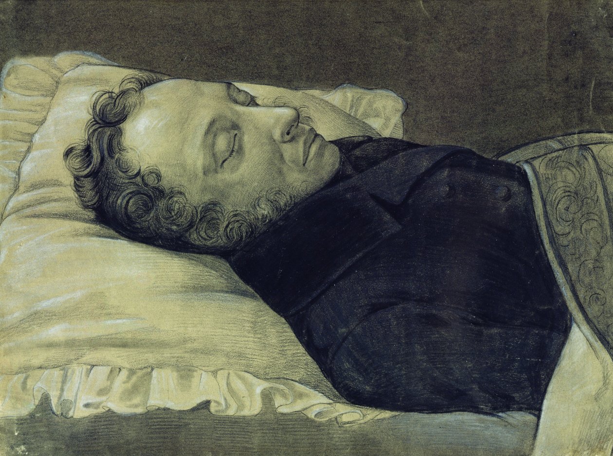 1837年に死の床に立ったアレクサンドルプーシキンの肖像画（紙に鉛筆、ガッシュ、インク） 作： アレクサンダー・アレクセイエヴィチ・コスロフ