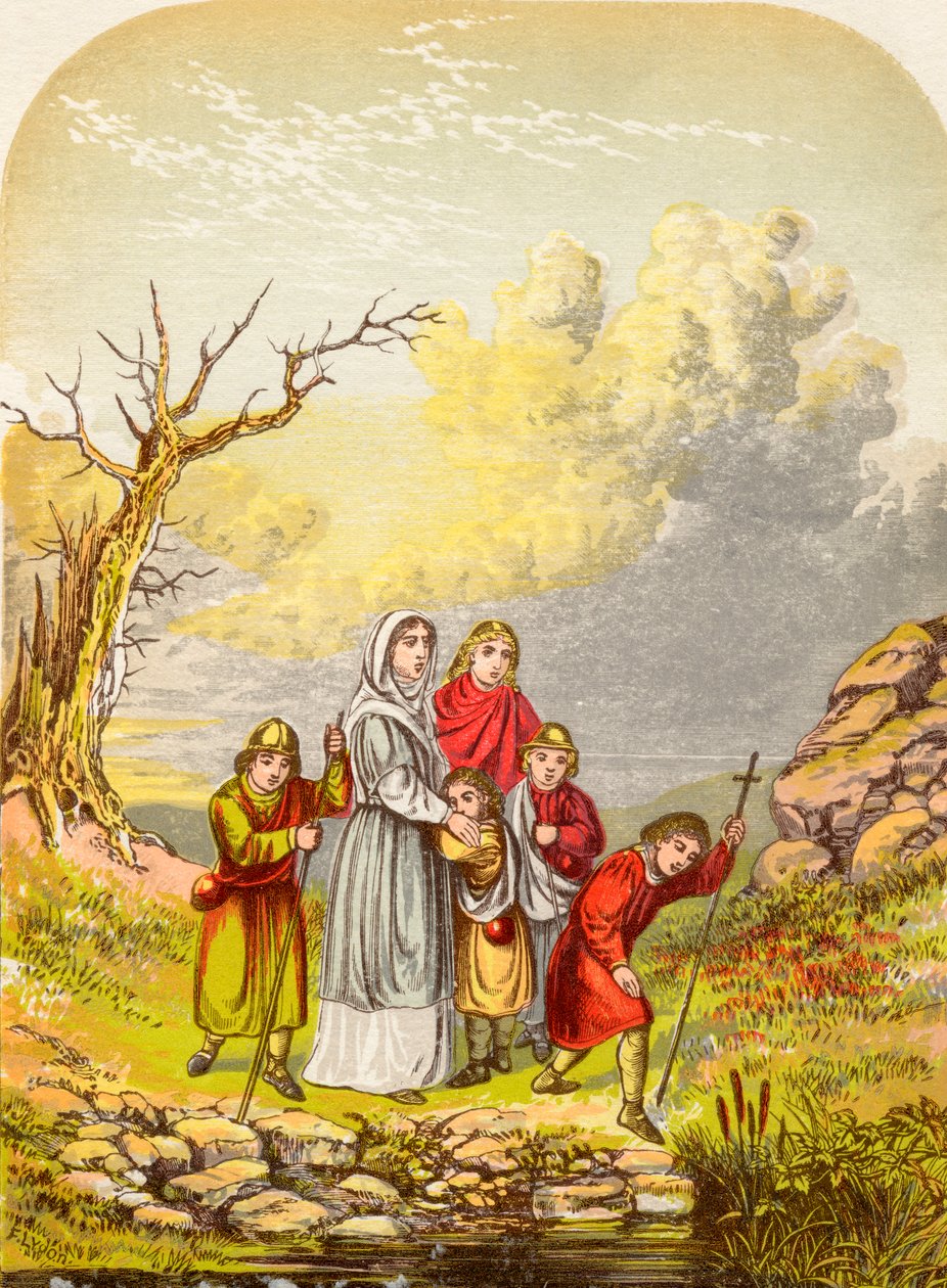 クリスチアーナとその子供たちは、1880年に出版されたジョンバニヤンの巡礼者の進歩から、スラウオブデスポンドに到着します。 作： アレクサンダー・フランシス・ライドン