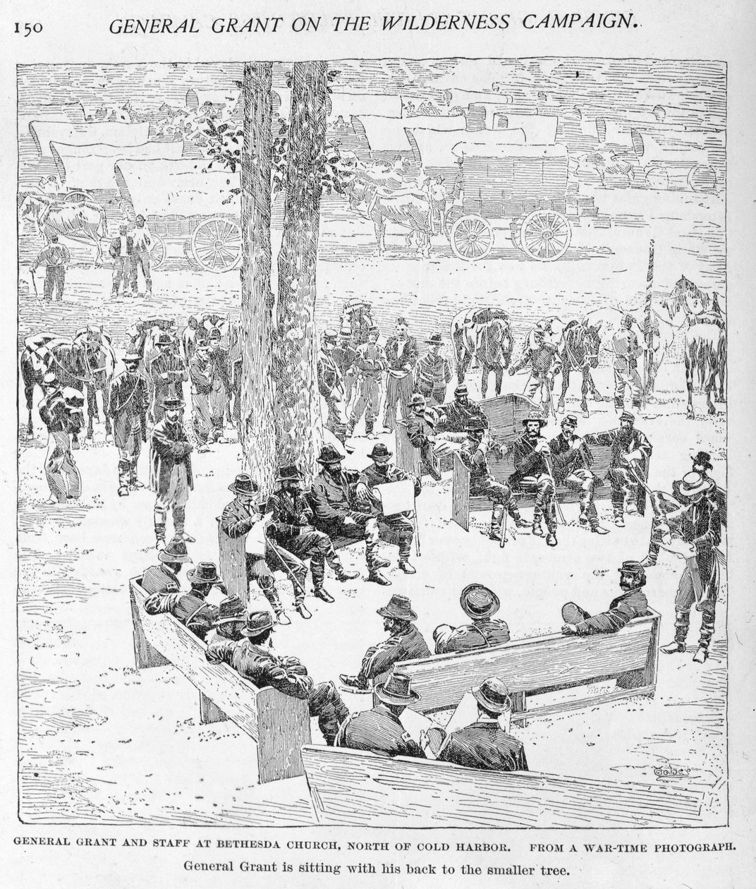 ロバートUが編集した写真、「南北戦争の戦いと指導者たち」のイラストからJWテイバー（fl.1850-1928）が彫刻した、コールドハーバー北部のベセスダ教会のグラント将軍とスタッフ 作： アレクサンダー・ガードナー
