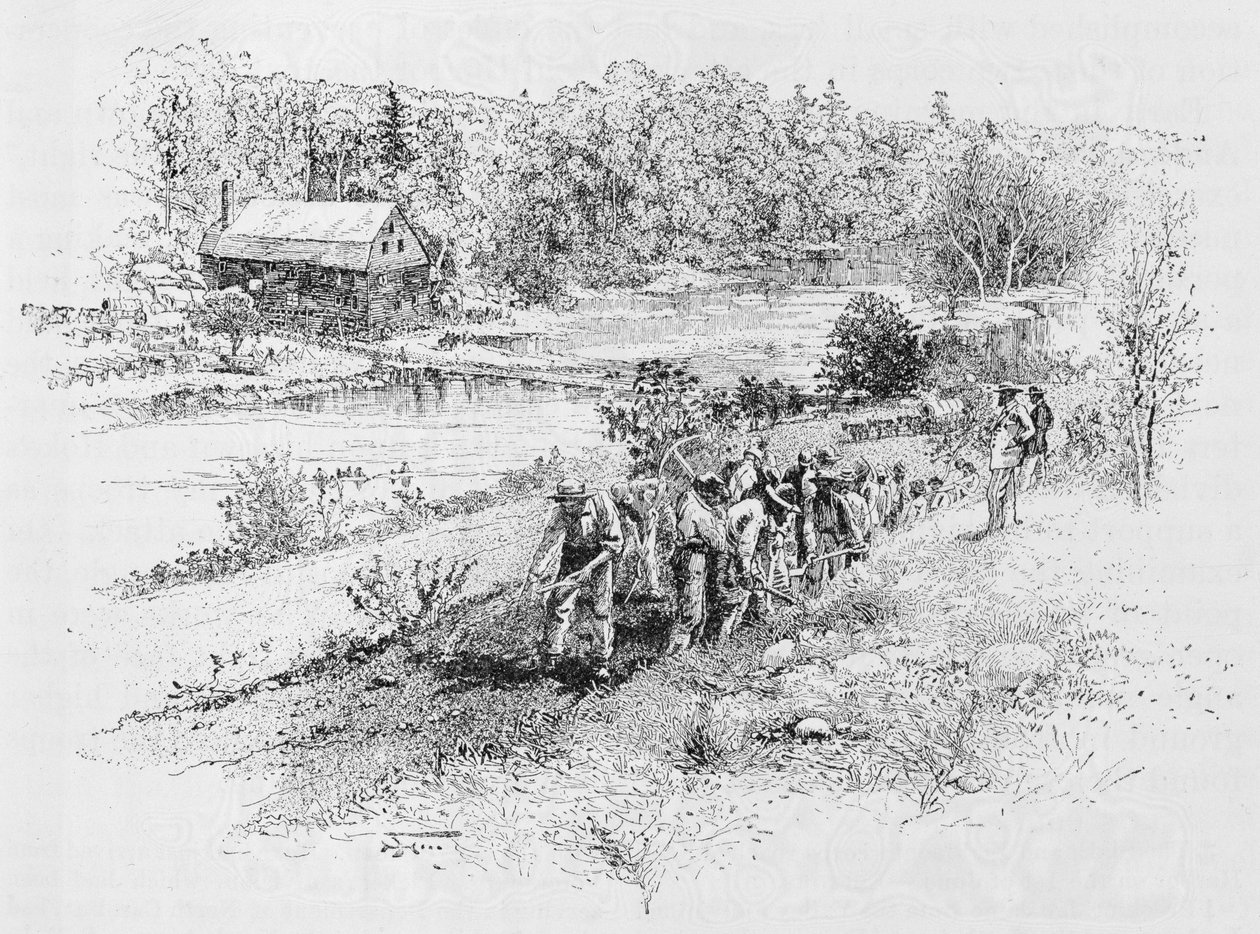 ジェリコミルズ：作業中のユニオンエンジニア軍団。ハリーフェン（183845-1911）が写真、「南北戦争の戦いと指導者たち」のイラストを刻印、ロバートアンダーウッドジョンソンとCが編集 作： アレクサンダー・ガードナー