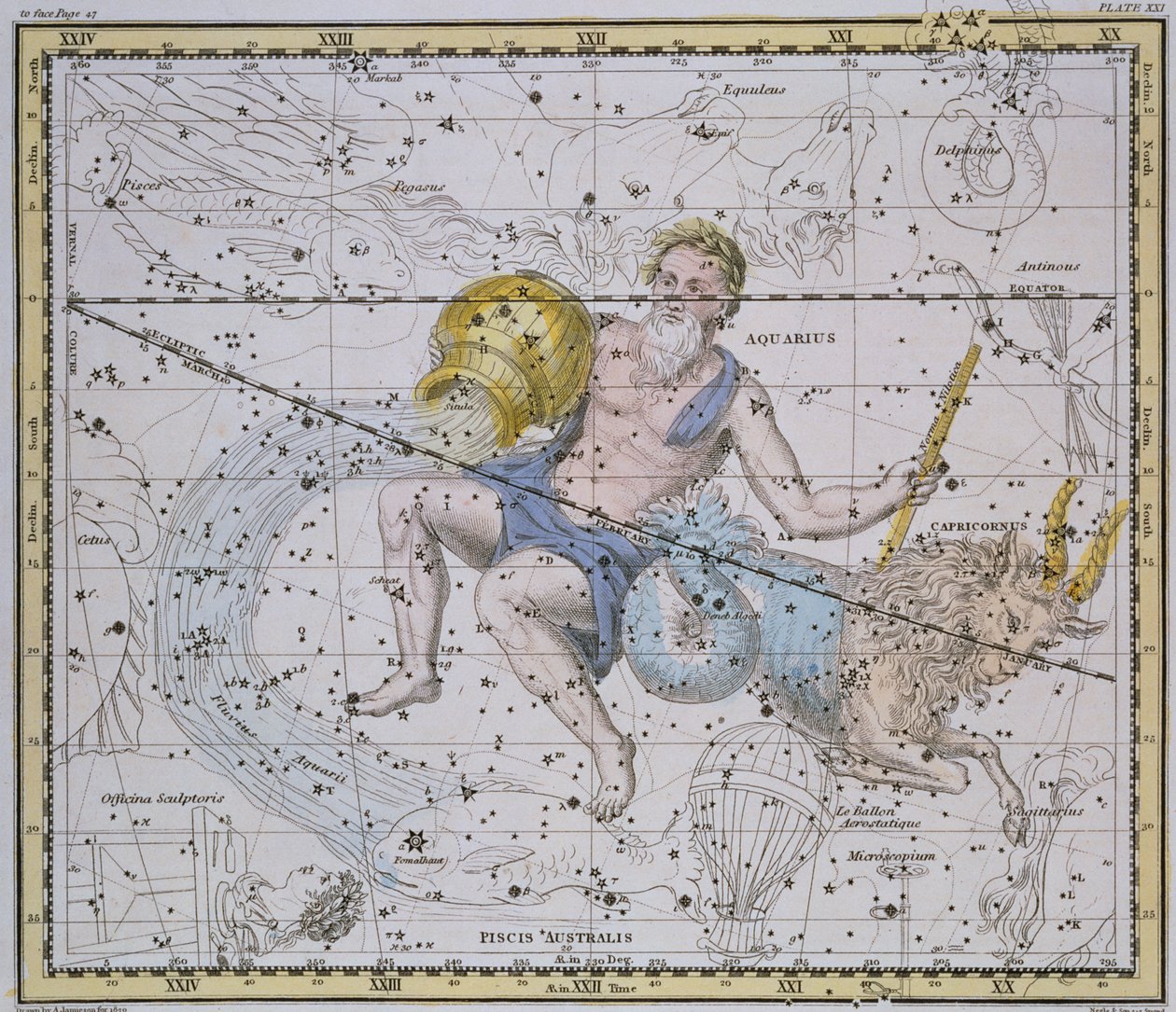 アクエリアスと山羊座、「A Celestial Atlas」のパブ。 1822年 作： アレクサンダー・ジェイミーソン