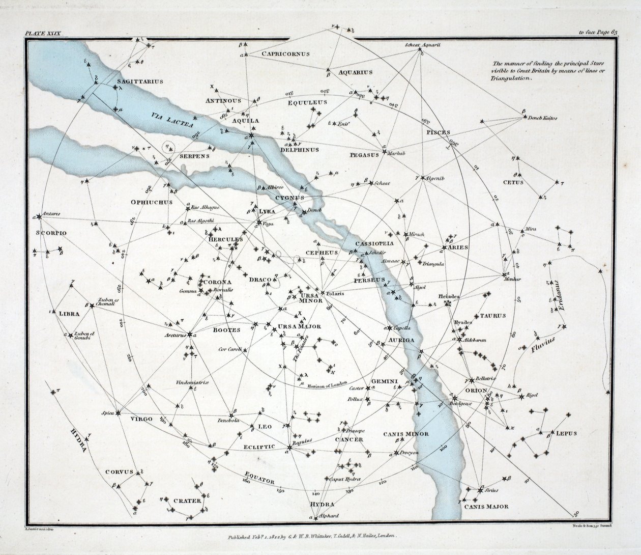 イギリスで見られる主要な星々を示す地図（プレート（XXIX）、Alexander Jamiesonによる &39;A Celestial Atlas&39;から、発行元ロンドン1822（手書きの彫刻） 作： アレクサンダー・ジェイミーソン