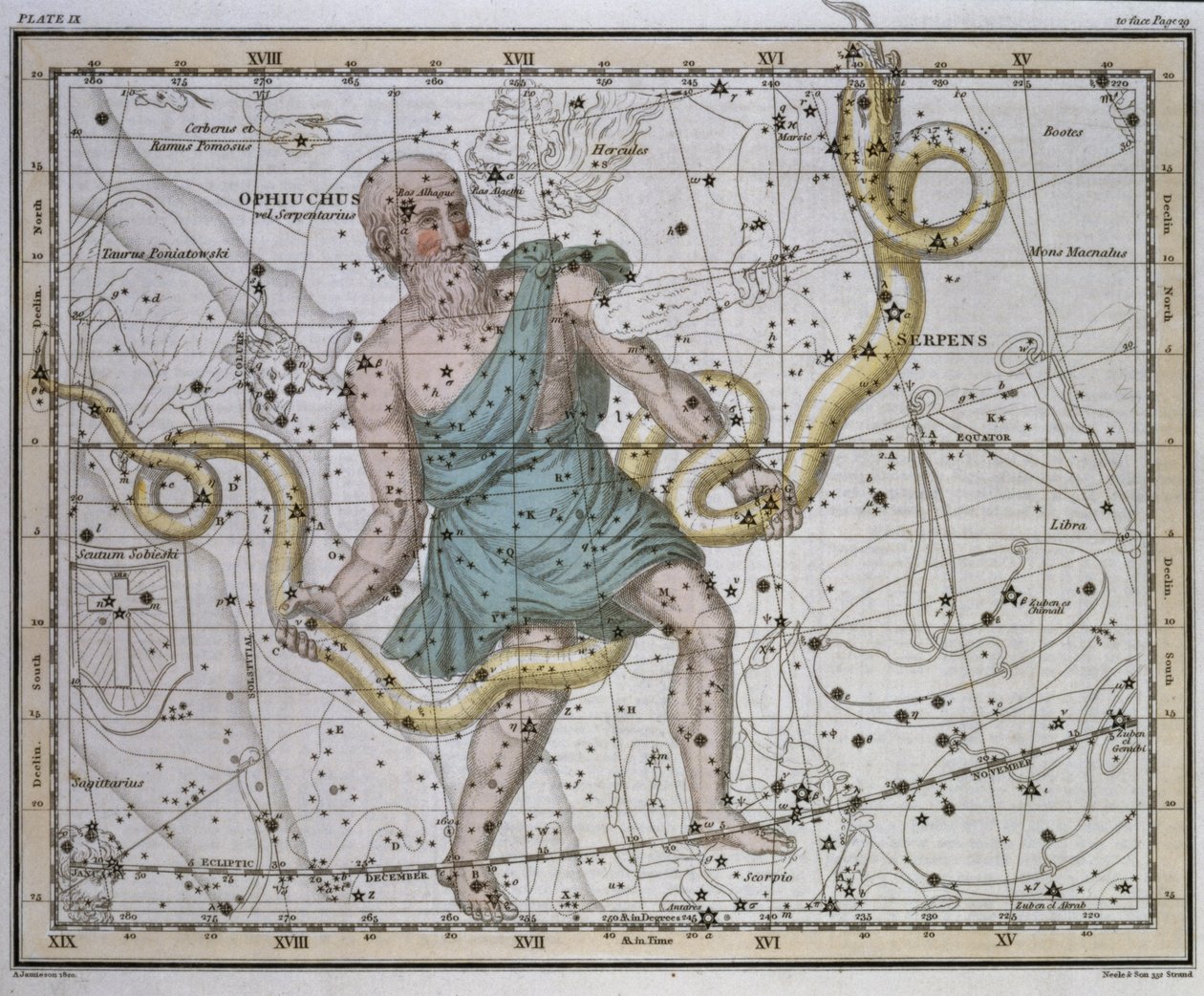 OphiuchusまたはSerpentarius、「A Celestial Atlas」、パブ。 1822年 作： アレクサンダー・ジェイミーソン