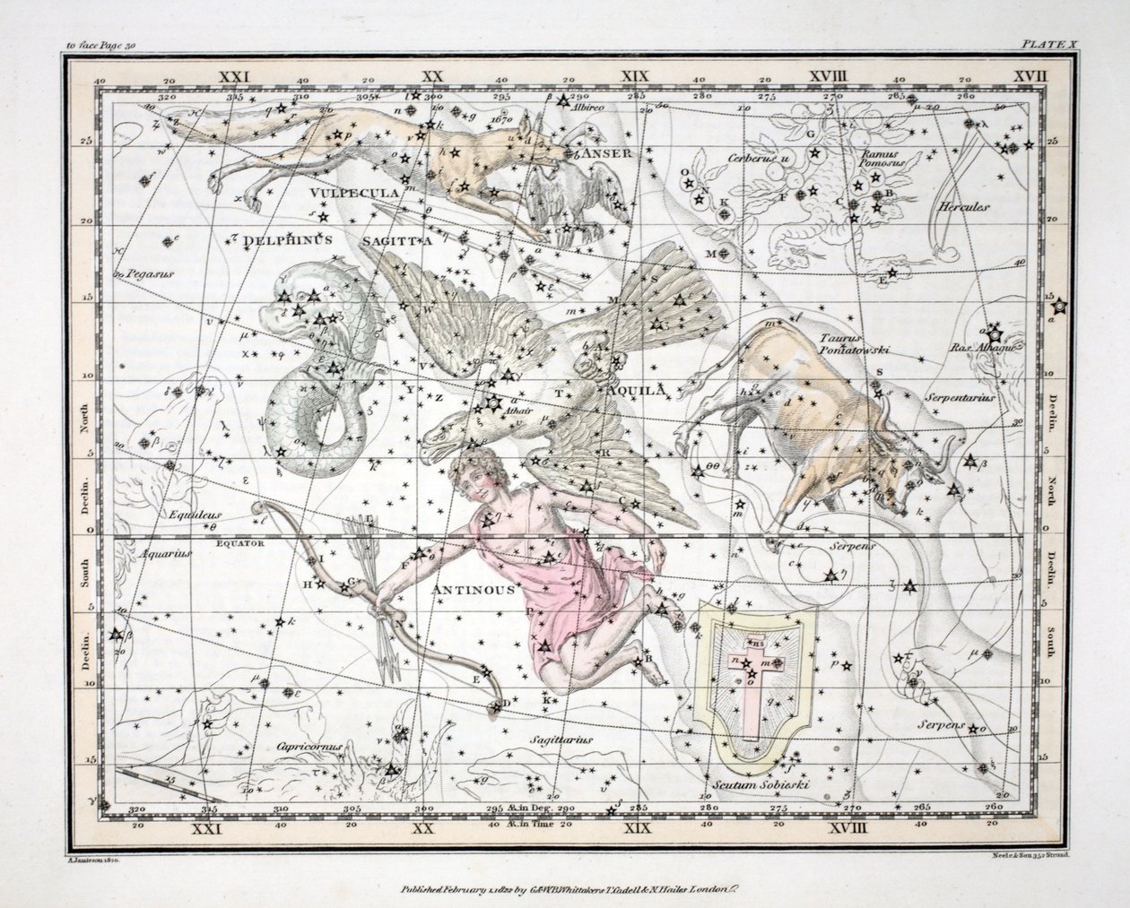星座（プレートX）Aquila et Antinous、Scutum Sobieski、Taurus Poniatowski、Sagitta、Valpecula et Anser、およびDelphinus。ロンドン1822（手 作： アレクサンダー・ジェイミーソン