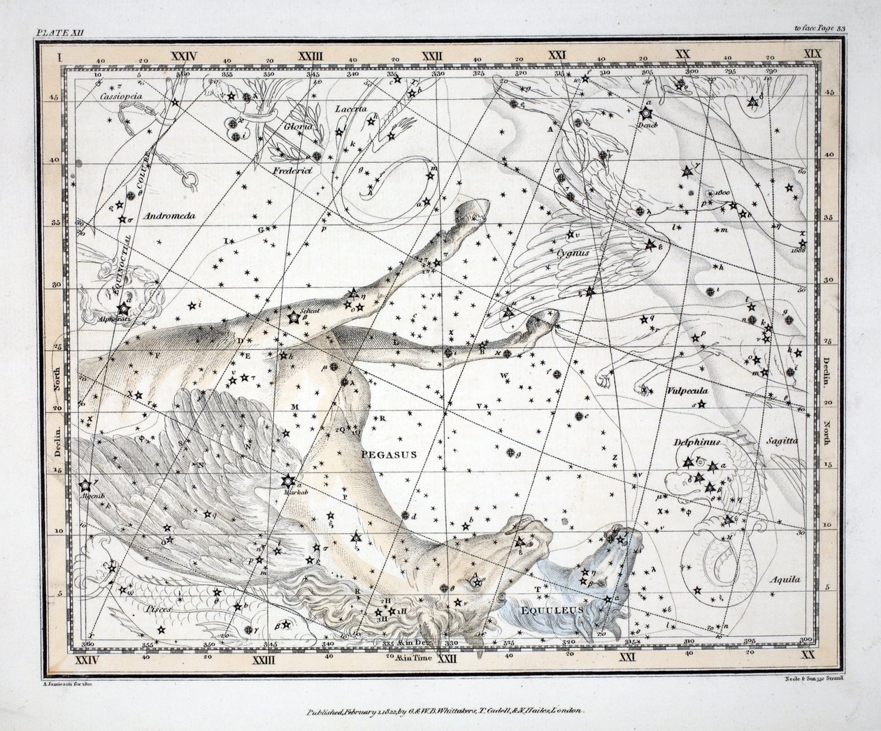星座（プレートXII）ペガサス、エクウレウス。ロンドン1822（手描きの彫刻） 作： アレクサンダー・ジェイミーソン