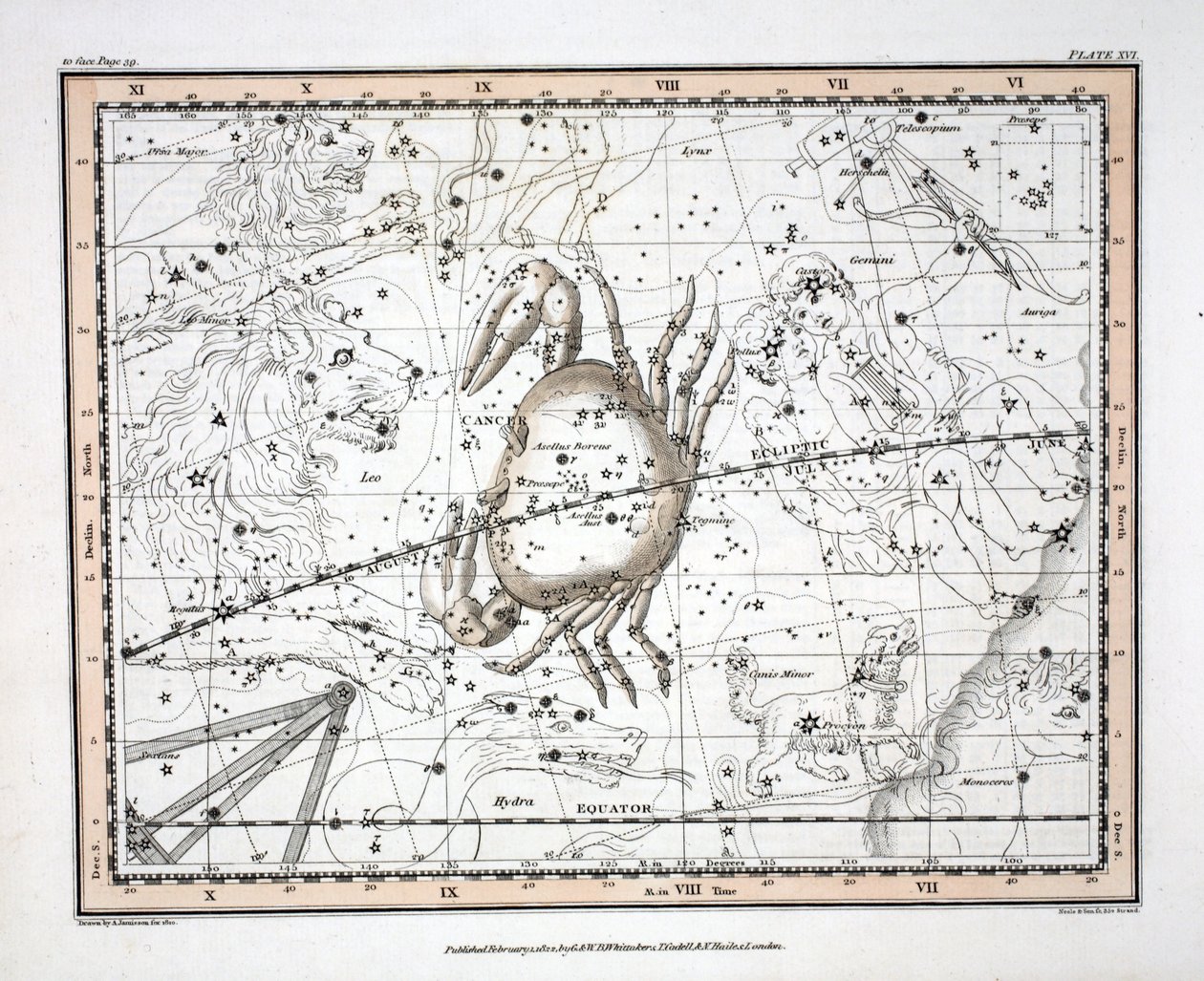星座（プレートXVI）がん、アレクサンダー・ジェイミソン、パブで「天体アトラス」から。ロンドン1822（手描きの彫刻） 作： アレクサンダー・ジェイミーソン