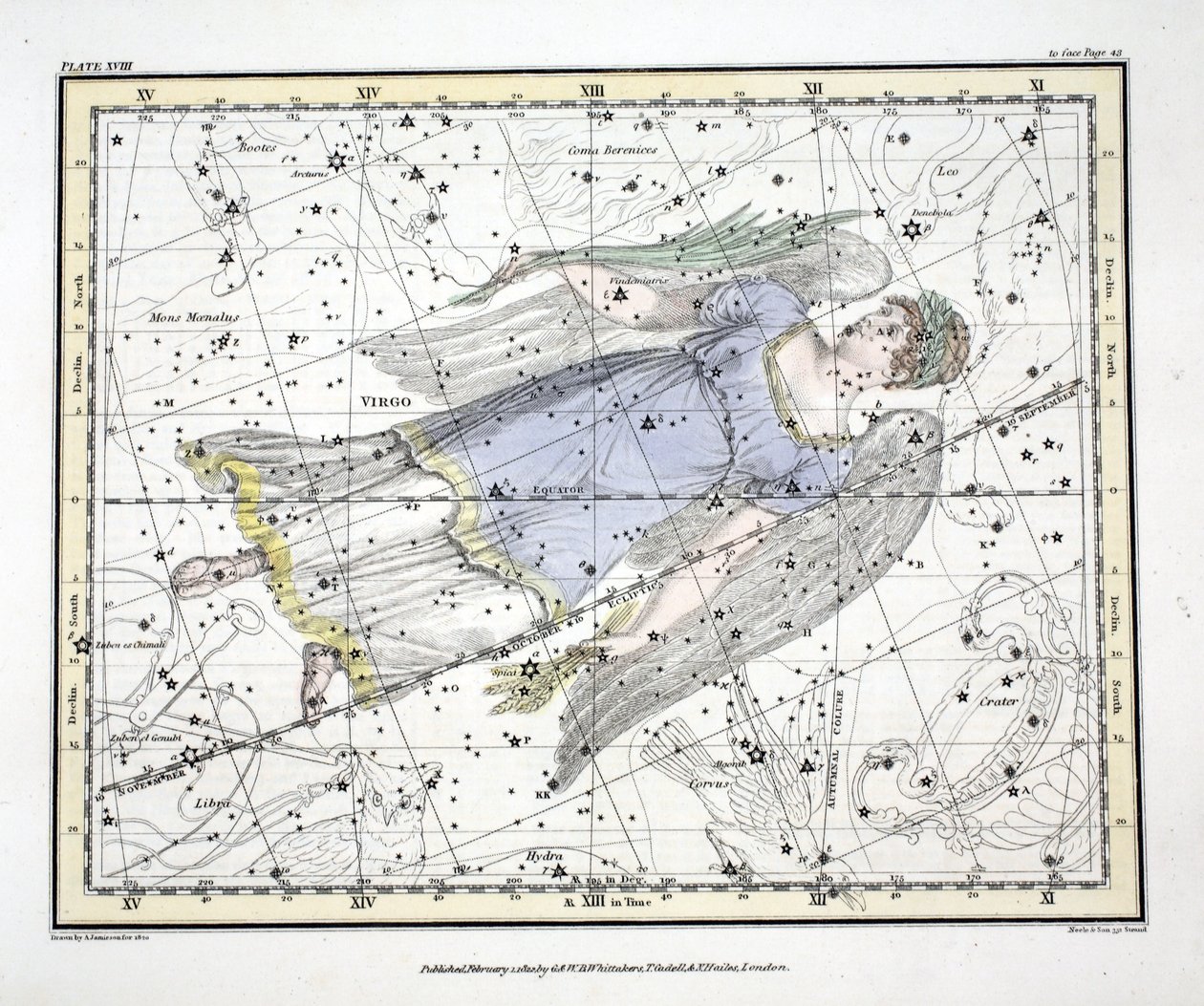 星座（プレートXVIII）おとめ座、Alexander Jamiesonによる &39;A Celestial Atlas&39;から。ロンドン1822（手描きの彫刻） 作： アレクサンダー・ジェイミーソン