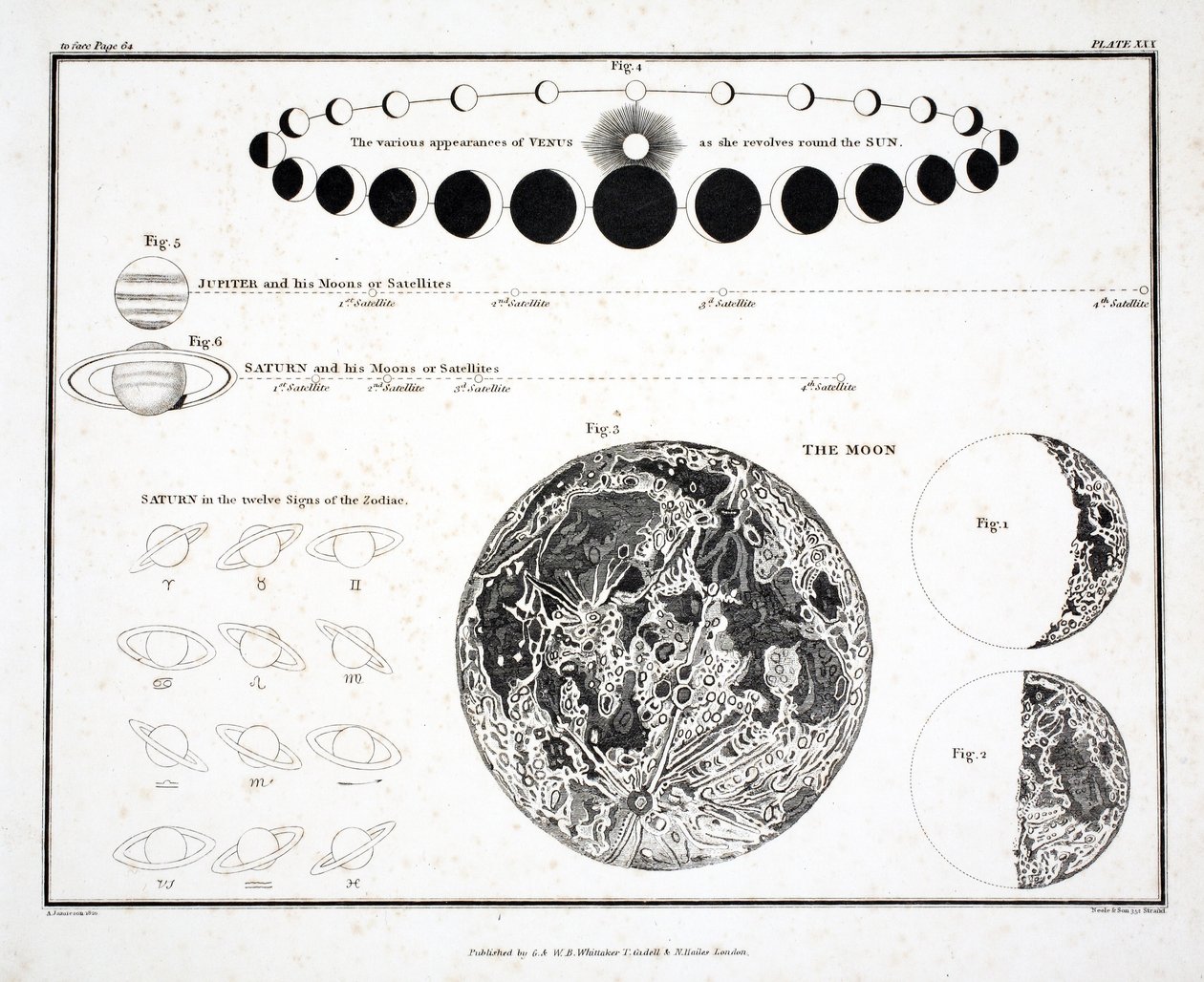 月、金星、土星（プレートXXX）、パブ、アレクサンダージェイミソンによる「天体アトラス」から。ロンドン1822（手描きの彫刻） 作： アレクサンダー・ジェイミーソン