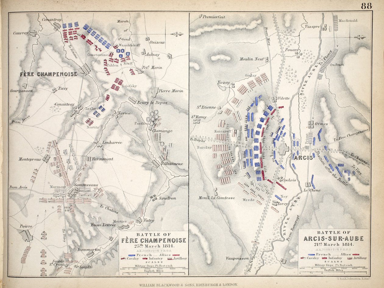フェールシャンプノワーズの戦いとアルシスシュールオーブの戦いの地図、ウィリアムブラックウッドアンドサンズ発行、エジンバラとロンドン、1848年（手描きの彫刻） 作： アレクサンダー・キース・ジョンストン