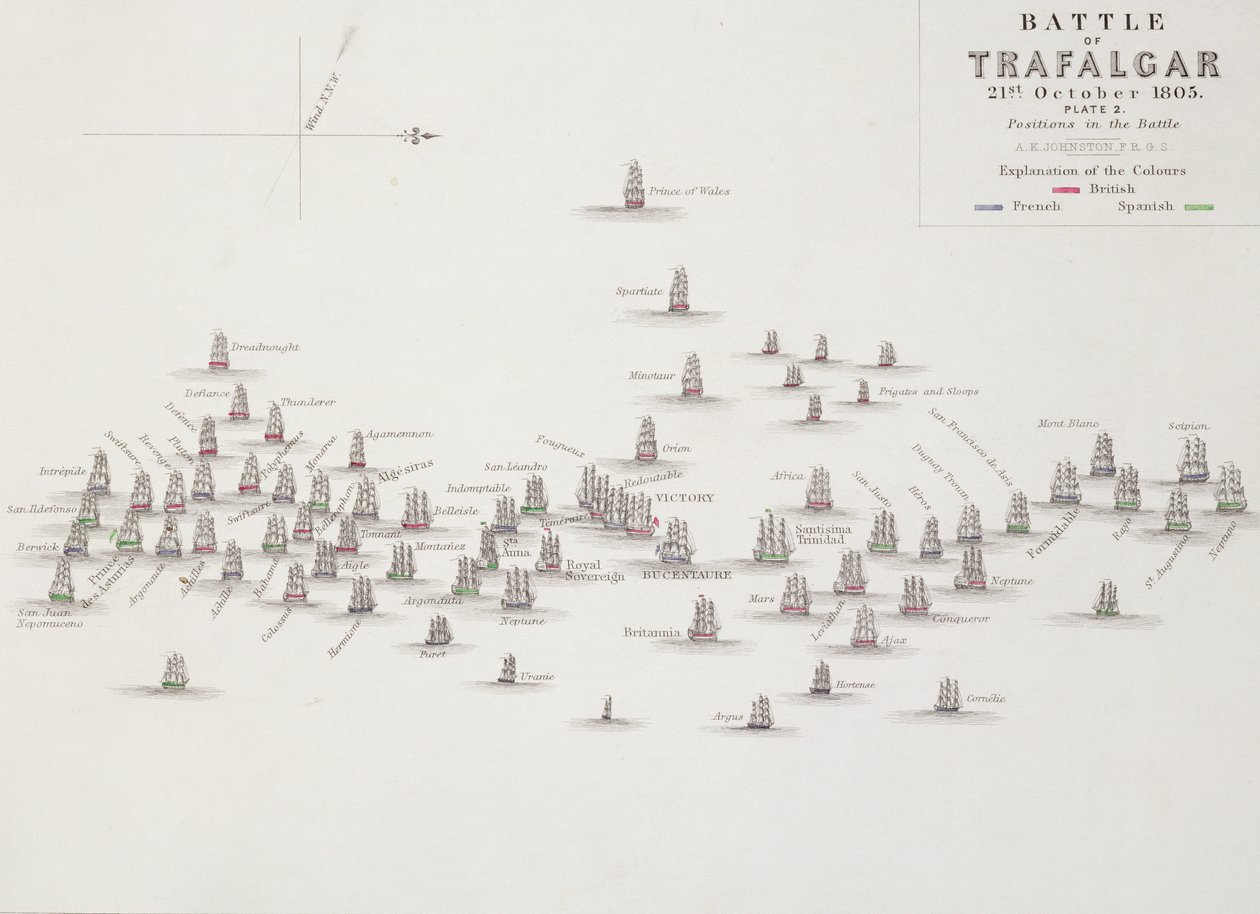 トラファルガーの戦い、1805年10月21日、戦いにおける位置、1830年代頃 作： アレクサンダー・キース・ジョンストン