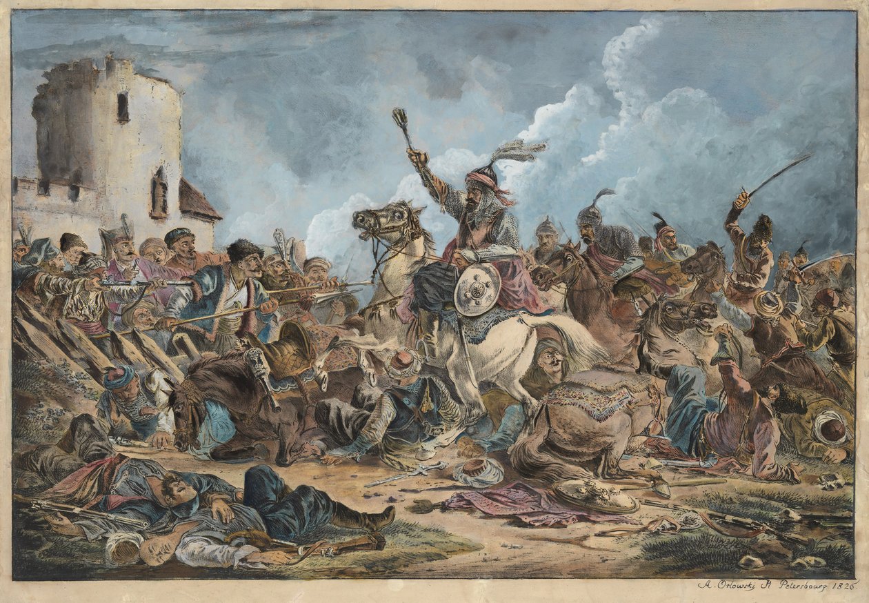 Bataille entre les Georgiens et les tribus de montagne - グルジア人と山岳民族の戦い - Orlowski (Orlovsky), Alexander Osipovich (1777-1832) - 1826 - リトグラフ、水彩画 - 54x77 - 個人蔵 作： アレクサンダーOrlowski