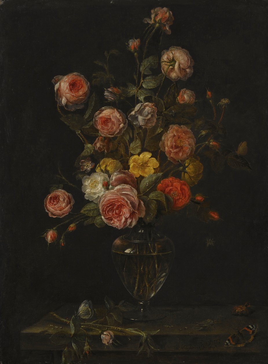 赤、白、ピンクのバラをガラスの花瓶に生け、蝶、バッタ、カブトムシを配した静物画。 作： アレクサンダーアドリアエンセン