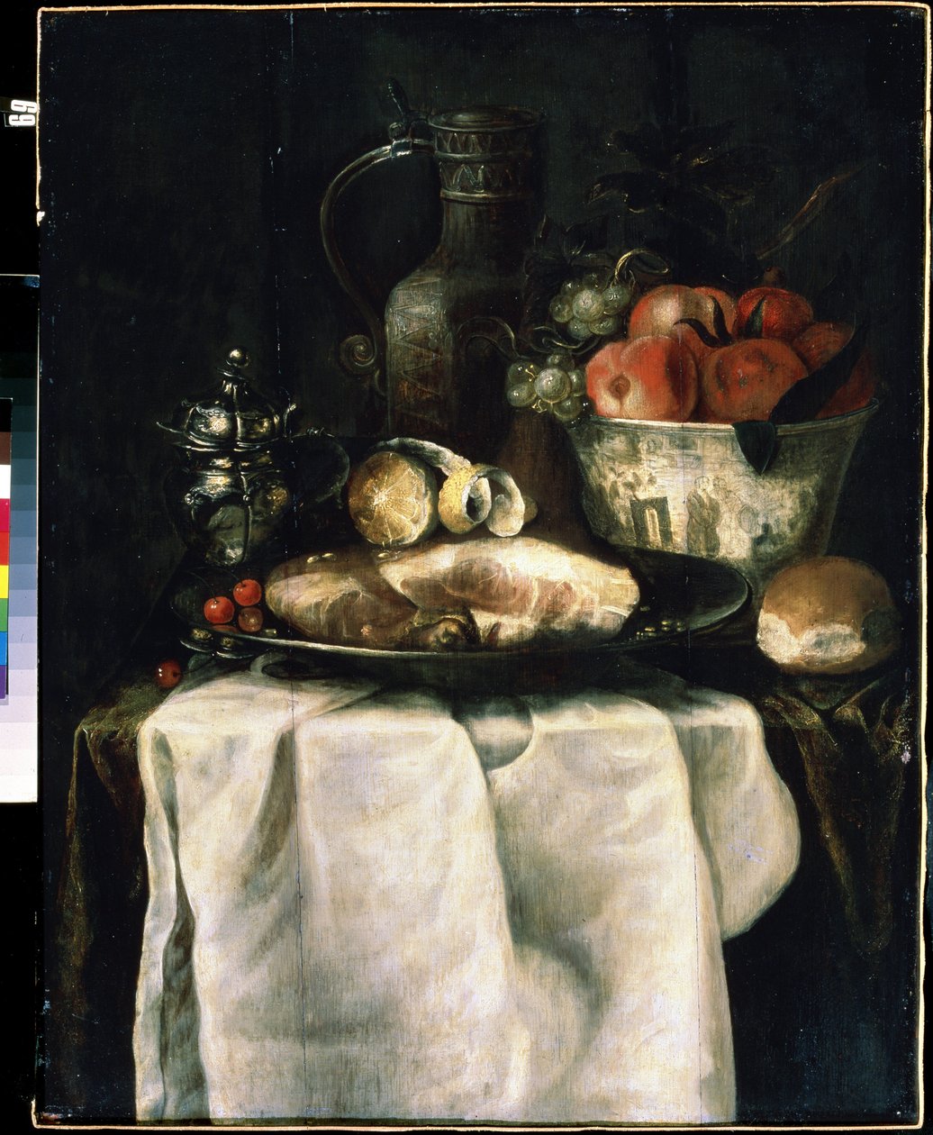 ハムで朝食を（ハムで朝食を）。 アレクサンドル・クーズマンズ (1627-1689) の絵画 作： アレクサンダー・クーズマンズ