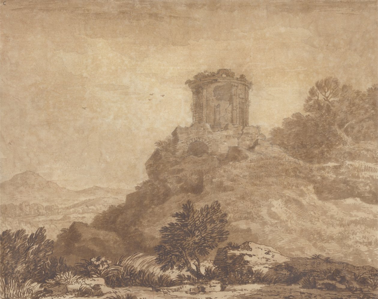 廃墟の寺院のある風景、1756年頃（グラファイトと紙で洗う） 作： アレクサンダー・コゼンス