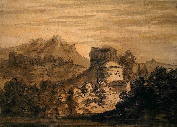 イタリア風建物のある山間部の風景（紙に鉛筆、ペン＆インク、インクウォッシュ） 作： アレクサンダー・コゼンス