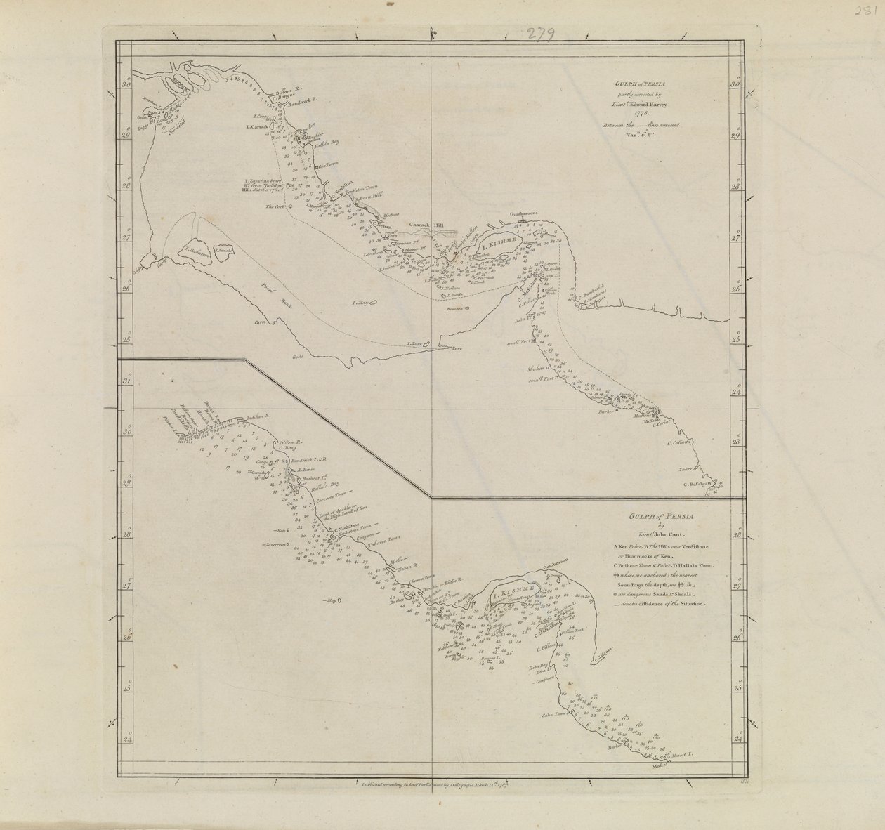 Plans of Ports, Dalrymple, Alexander issued in 1791 ID Number 41167-2001 エドワード・ハーヴェイ中尉によって一部修正されたペルシャ湾の平面図 1778年 作： アレクサンダー・ダルリンプル