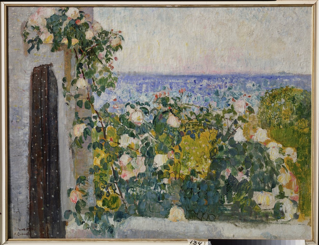 ローマ (イタリア) のバルコニーの花。 Alexander Ivanovich Savinov（1881-1942）による絵画、キャンバスに油彩 作： アレクサンダー・イワノビッチ・サビノフ