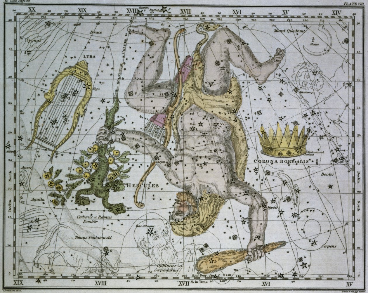 ヘラクレス、「A Celestial Atlas」、パブ。 1822年 作： アレクサンダー・ジェイミーソン