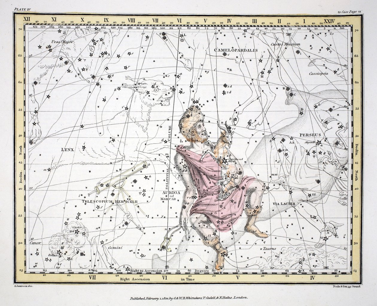 星座（プレートIV）Auriga、Camelopaardalis、Telescopium Herschelli、Alexander Jamiesonによる &39;A Celestial Atlas&39;（パブ）。ロンドン1822（手描きの彫刻） 作： アレクサンダー・ジェイミーソン
