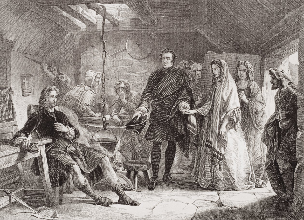 チャールズ皇太子とフローラマクドナルドの南ユイスト島での最初の会議、1747年、「英語とスコットランドの歴史の図解」第2巻 作： アレクサンダー・ジョンストン