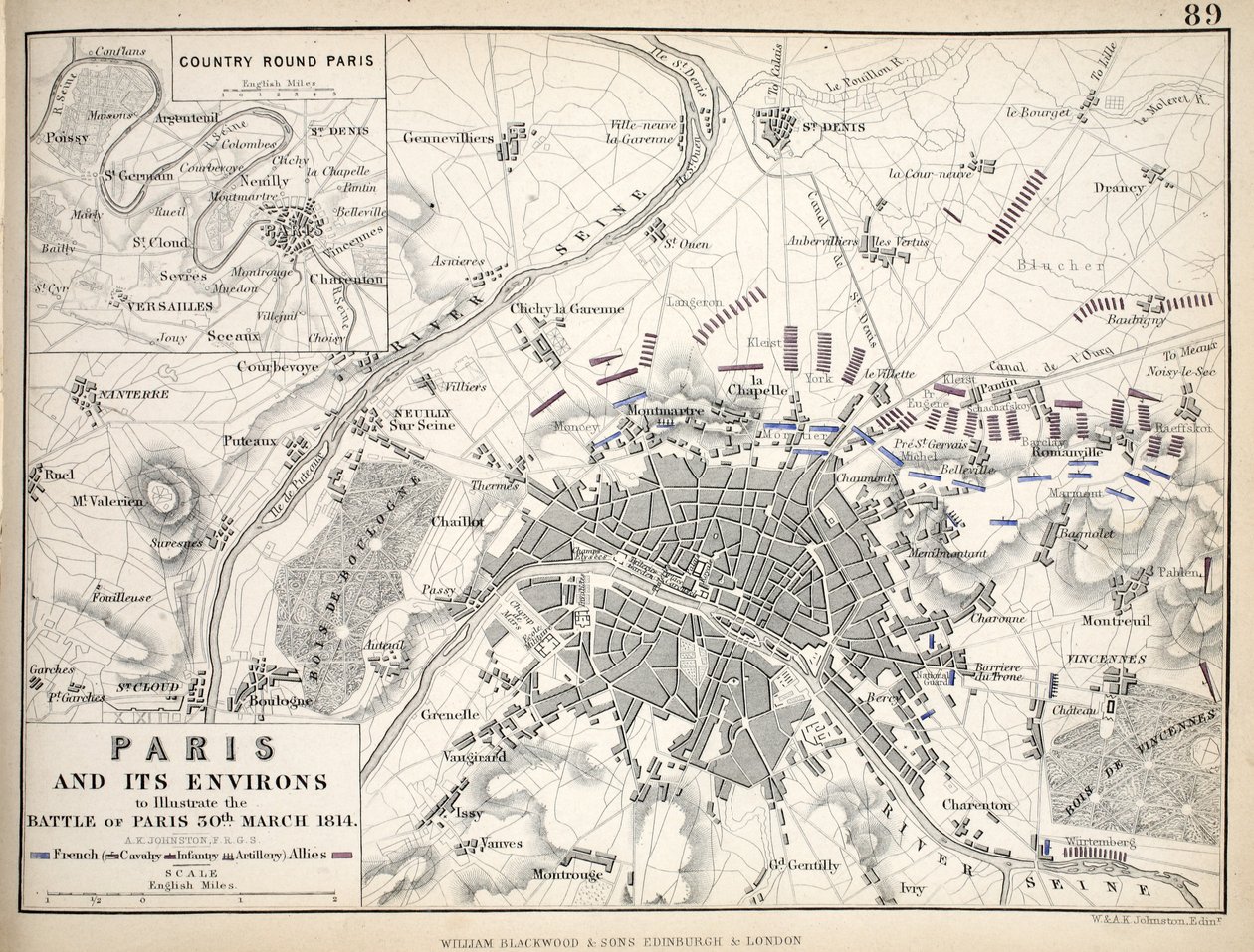 William Blackwood and Sons, Edinburgh & London発行のパリとその周辺の地図。 作： アレクサンダー・キース・ジョンストン