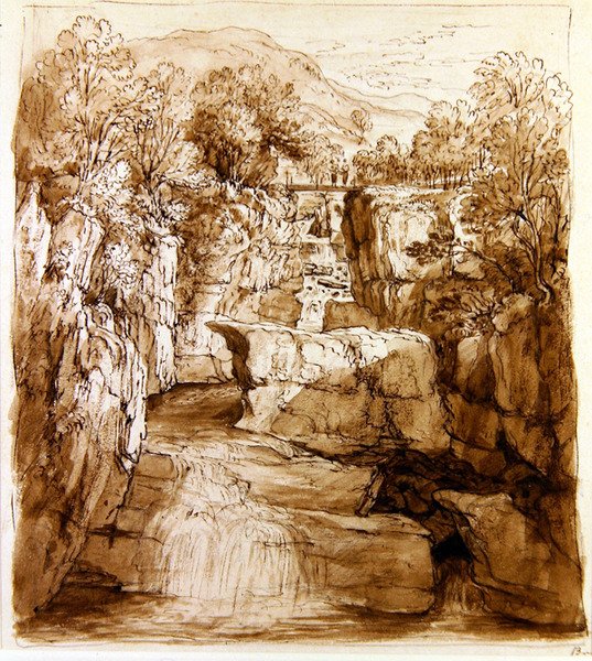 The Bracklinn Falls, Perthshire, c.1810 （ペン、茶色インク、紙にウォッシュ） 作： アレクサンダー・ナスミス