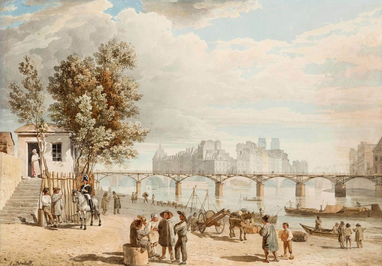 Vue de Paris - Pont des Arts (France) (View of Paris) - Alexander Pavlovich Briullov (Alexandre Brioullov) (1798-1877) の作品、紙に水彩 (21x30 cm)、19 世紀のロシア美術、ロマン主義 - 個人蔵 作： アレクサンドルパブロビッチブリューロフ