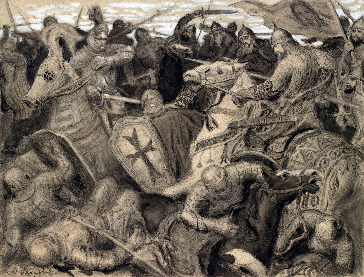 「アレクサンドル・ネフスキー」 シーン・ド・バタイユ・ア・レポック・ダ・アレクサンドル・ネフスキー（1220-1263）、ドゥク・ド・ノヴゴロド - パステル・ダ・アレクサンダー・ヴィクトロヴィッチ・モラヴォフ（1878-1951）薄暗い33x43,5 cm コレクション特権 作： アレクサンダーヴィクトロヴィッチモラヴォフ