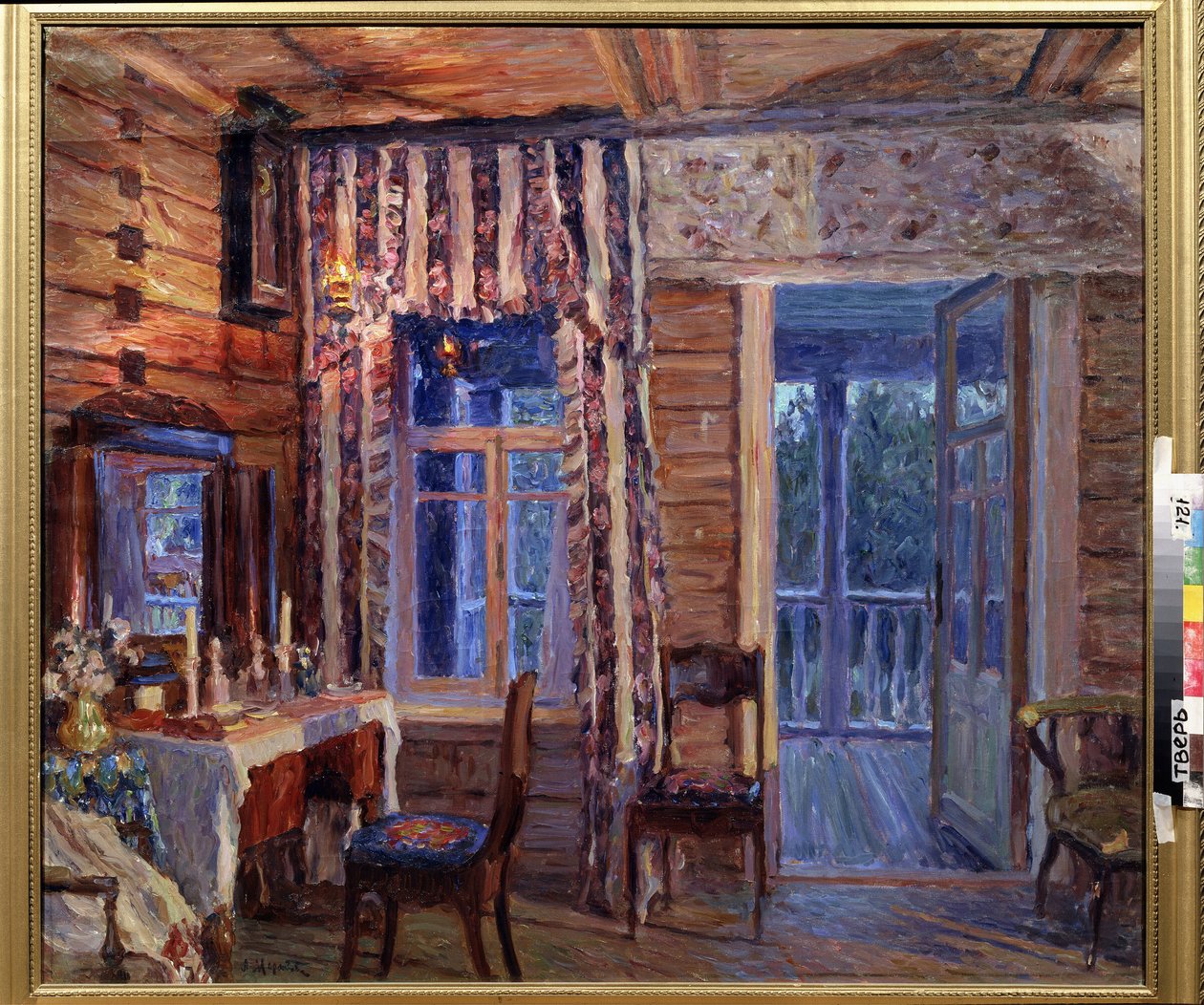 アイコンランプのあるインテリア。 Alexander Viktorovich Moravov（Alexander Victor）（1878-1951）による絵画、キャンバスに油彩 作： アレクサンダーヴィクトロヴィッチモラヴォフ