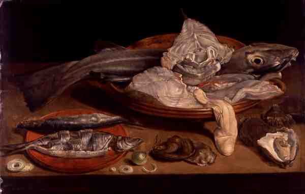 魚と牡蠣のある静物（油彩・パネル） 作： アレクサンダー・ファン・アドリアエンセン