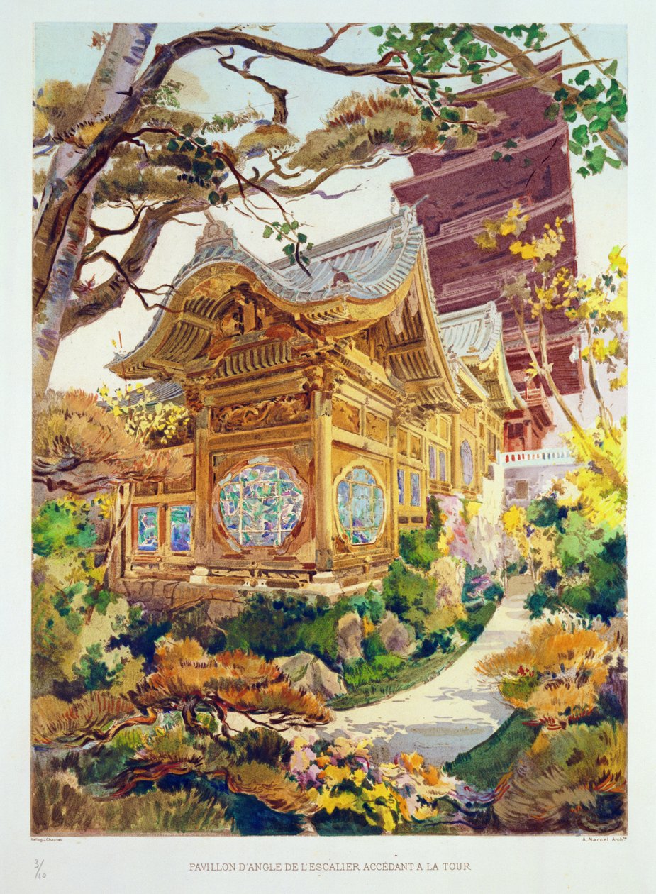 ジュールズアドルフショーヴェ（b.1828）によって彫刻された、 &39;Orientalisme et Architecture Contemporaine&39;からのベルギー、ラーケンの王立公園にある日本タワーと中国の塔（171915、1も参照） 作： アレクサンドル・オーギュスト・ルイ・マルセル