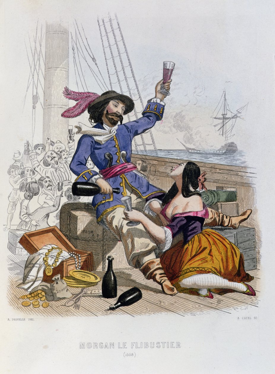 1668年のバッカニアのモーガン、P。クリスチャンによる海賊の歴史から、A。キャテルの彫刻、1852年 作： アレクサンドル・デベル