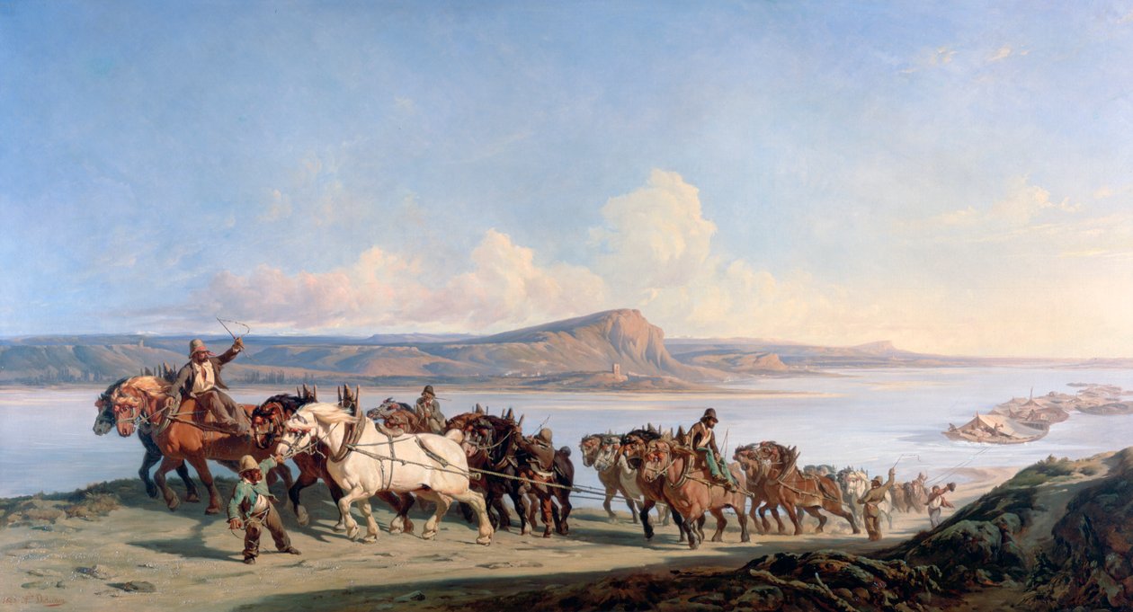 ローヌ川でボートを引っ張る馬の愛着、c1825-1870 作： アレクサンドル・デュブイソン